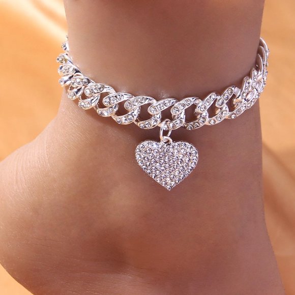 Chunky Miami Heart Shaped Cuban Link Foot Chain Anklet Bracelet Rhinestone - Picture 3 of 6
